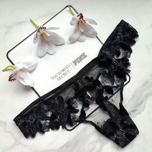 NWT VICTORIA'S SECRET VERY SEXY VELVET AND MESH FLORAL EMBROIDERED THONG PANTY